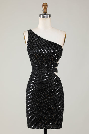 Sparkly Bodycon One Shoulder Sequins Little Black Dress